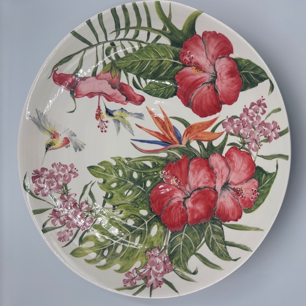 Pier 1 Imports Tropical Hibiscus Hummingbird Earthenware Platter Italy 16in